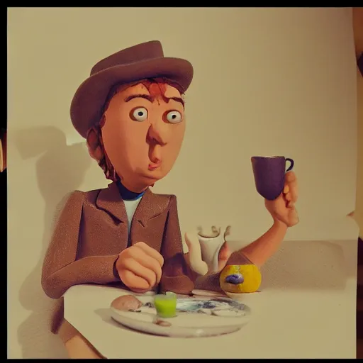 Prompt: Claymation art of a man sipping tea, natural lighting, extremely detailed