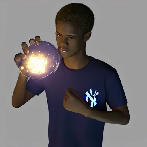 Image similar to black male teen wearing a yankees cap holding a glowing power orb. Trending on Artstation, octane render, ultra detailed, art by Ross tran