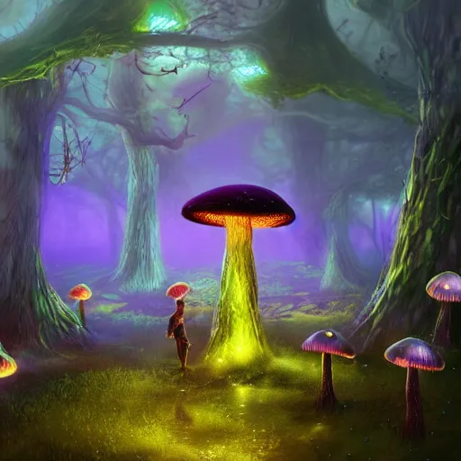 Prompt: eerie glowing mushroom forest with fairies, raining, fantasy landscape, 8k, ultra detailed, concept art, trending on artstation