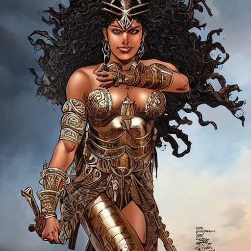 Prompt: greek amazon warrior, a tall beautiful woman with brown skin and long curly dark hair, dressed in hellenistic body armour, intricate, elegant, highly detailed, smooth, sharp focus, detailed face, high contrast, graphic novel, art by pepe larraz,
