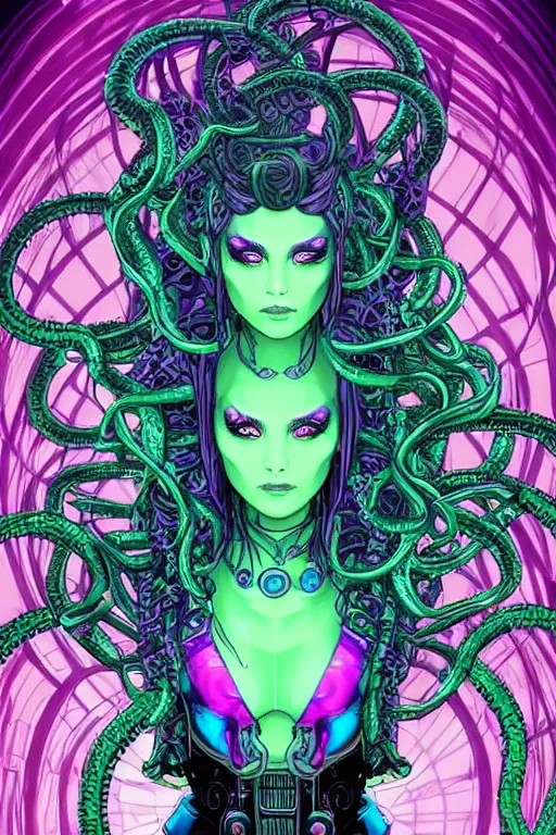 Image similar to Perfectly-centered Hyperdetailed symmetrical cinematic RPG portrait-illustration of a beautiful aetherpunk cyberpunk Medusa in a long neon-noir lovecraftian dress while her hair is made of huge ravepunk snakes. She's standing next to otherworldly towers in a surreal landscape with a cosmic horror blurred background, in the style of an epic sci-fi comic-book cover, 3D rim light, smooth digital art, sharp focus, 8K.