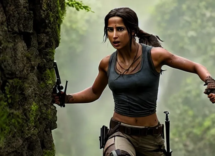 Image similar to film still of!!!! naomi scott!!! as lara croft in new tomb raider movie, 8 k