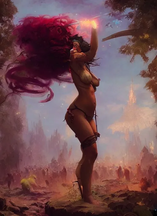 Image similar to hyper realistic photography of festival warrior curvy partygirl saturated colors, cinematic, vallejo, frazetta, greg rutkowski, royo, rowena morrill, juan gimenez