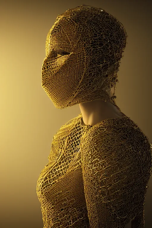 Image similar to wide angle portrait of a woman wearing a mask over her mouth made out of golden intricate wire, weaving the strings of the multiverse, dramatic, moody, backlight, photoreal, intricate complexity, manga styling, octane render