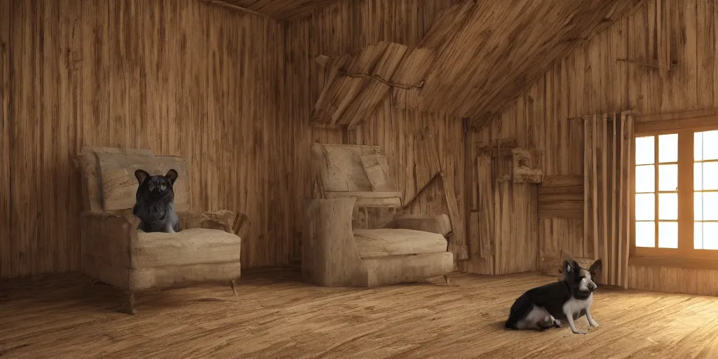 Image similar to dog armchair in an empty wooden cabin, by h. r. giger, soft natural volumetric lighting, beautifully detailed 4 k octane render, 4 k post processing