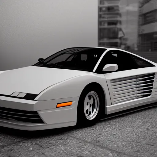 Prompt: futuristic testarossa, stanceworks, custom machined paneling, visible bolts, large diffuser, octane render atmospheric fog, tokyo, night