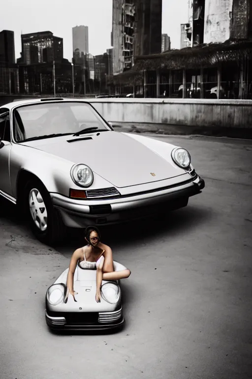 Prompt: Photo of a beautiful model sitting on the hood of a silver Porsche 911 Carrera 3.2, daylight, dramatic lighting, award winning, highly detailed, 1980s Versace ad, Fashion photography