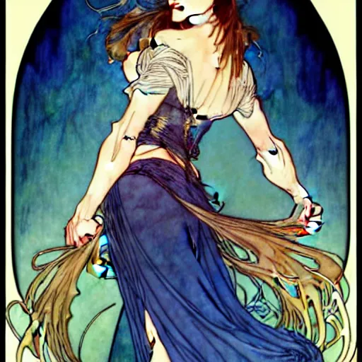 Image similar to in the style of artgerm, arthur rackham, alphonse mucha, phoebe tonkin, symmetrical eyes, symmetrical face, flowing blue skirt, hair blowing, full body, intricate filagree, hidden hands, warm colors, cool offset colors