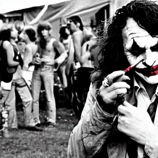 Image similar to photograph of the joker smoking a bong at woodstock, circa 1 9 6 9