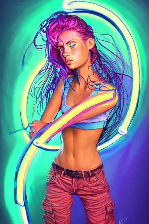 Image similar to a award winning half body portrait of a beautiful woman with stunning eyes in a croptop and cargo pants with rainbow colored hair, outlined by whirling illuminated neon lines and fine lines swirling in circles by jesper ejsing, rhads, makoto, shinkai, lois van baarle, digital art, trending on artstation