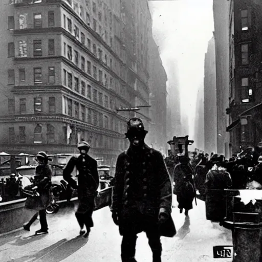 Prompt: old black and white photo, 1 9 1 3, depicting dieselpunk combat cyborg walking through the bustling streets of new york city, historical record