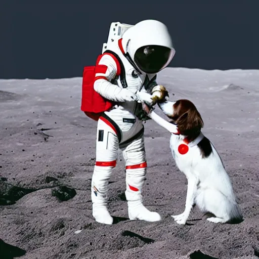 Prompt: two kooikerhondje kissing wearing an astronaut suit in the moon