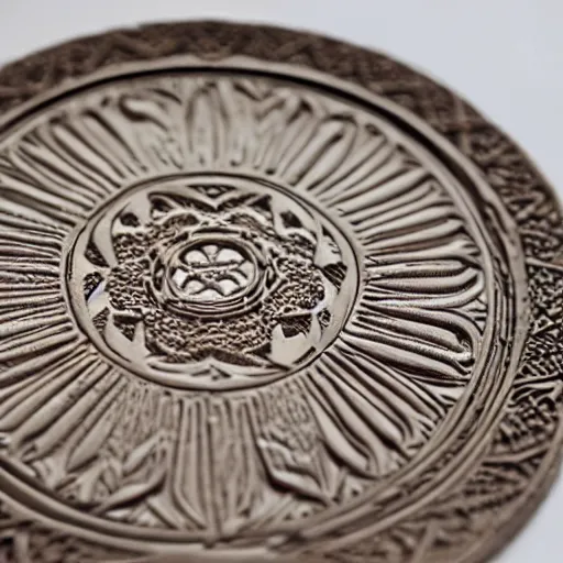 Image similar to intricate symbol etched into a medallion. Close up. Hyper realistic. High detail.