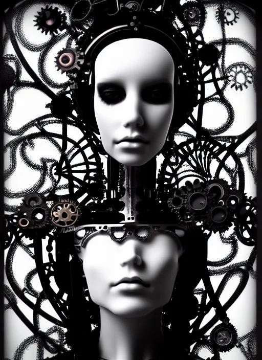 Image similar to black and white dreamy foggy gothic masterpiece profile face portrait, one steampunk eye biomechanical beautiful young female cyborg - robot, body ribs meshes, big monocular, volumetric light, hibiscus flowers, by hg giger, rim light, by dora maar, big gothic fashion pearl embroidered collar, 8 k