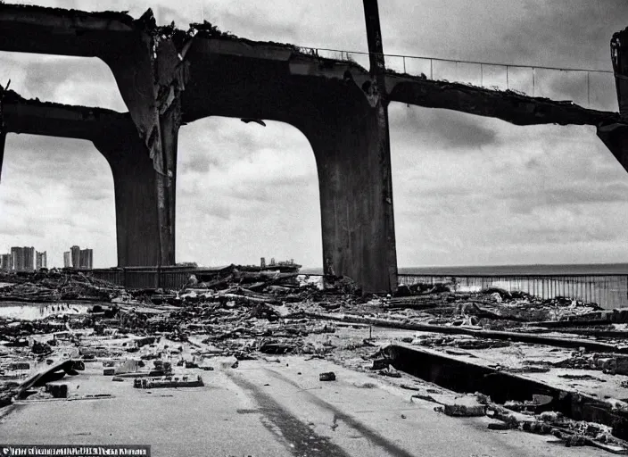 Image similar to grainy futuristic photo of the remains of an enormous destroyed freeway bridge on the new york coast after the apocalypse ; the bridge leads into the wide ocean