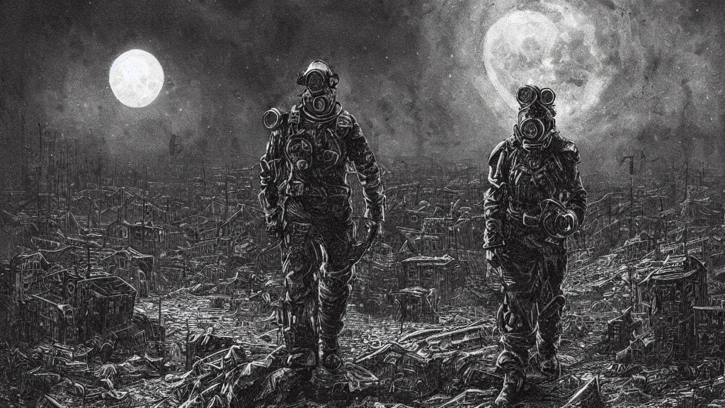 Image similar to Fallout, soldier with a gasmask, dark clouds, fire, burning, dark, eerie, night, dystopian, city, buildings, ruins, trees, moon, eldritch, illustration by Gustave Doré