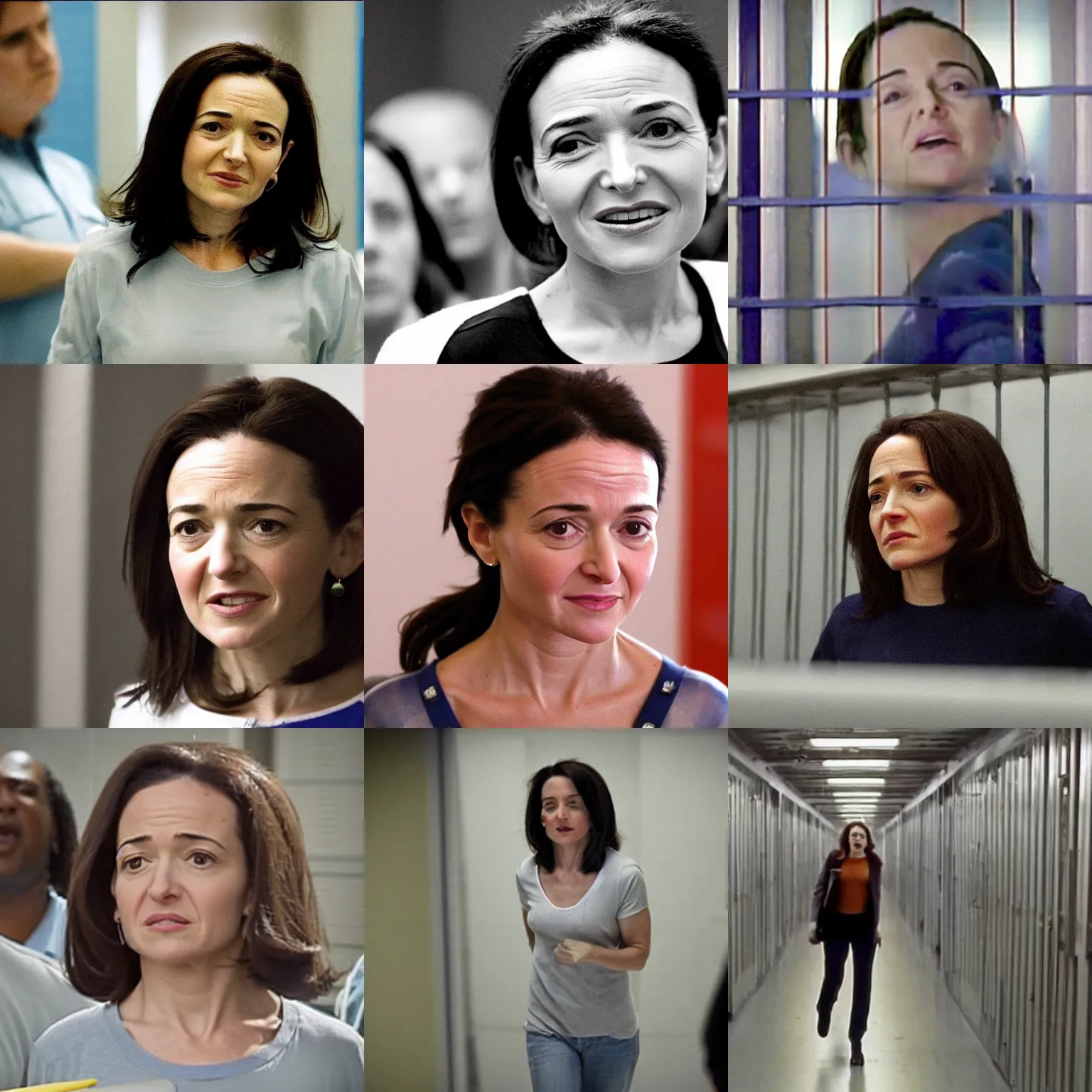 Prompt: Movie still of Sheryl Sandberg imprisoned in Supermax in Facebook The Movie, directed by Steven Spielberg