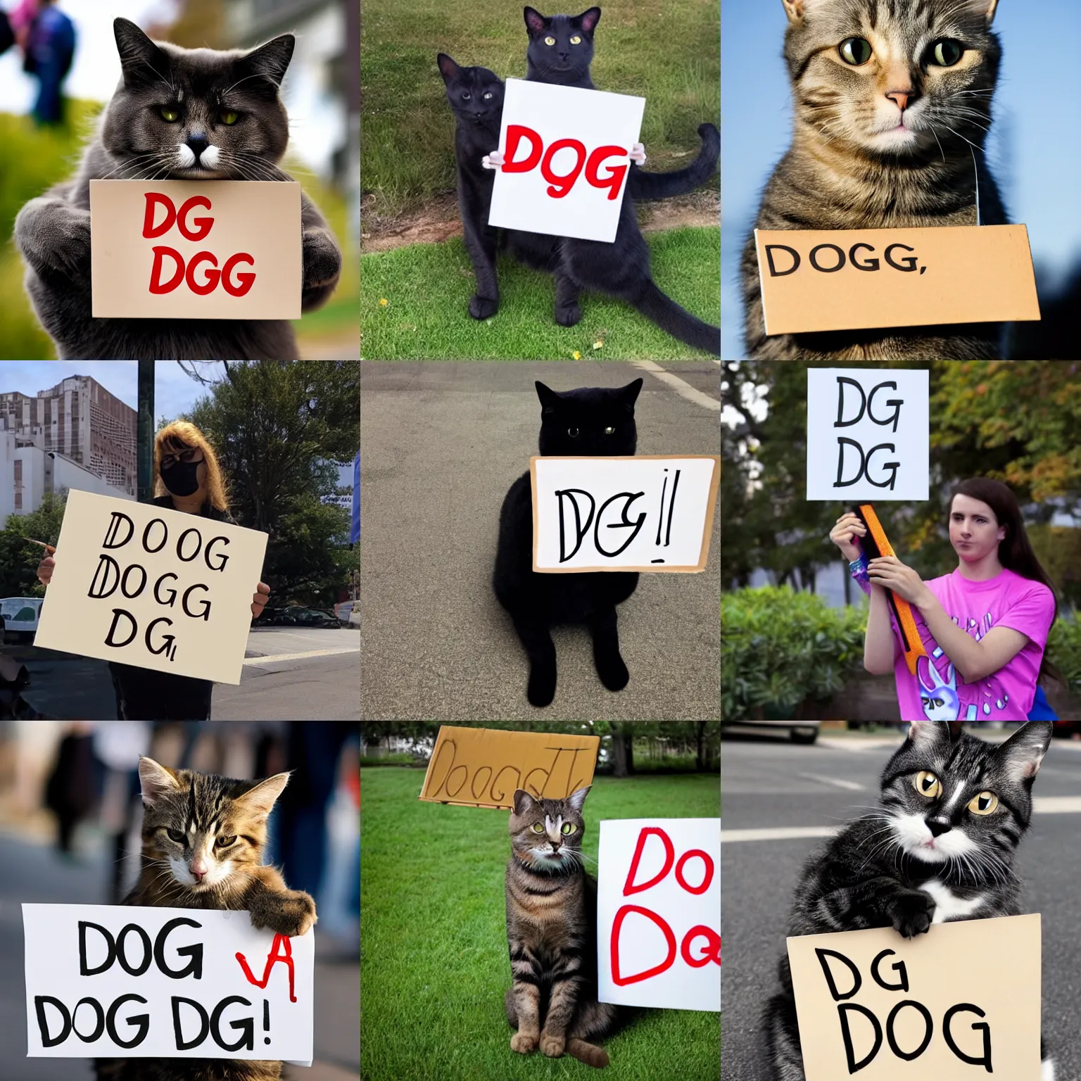 Prompt: cat holding a sign that says 'dog'