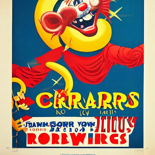 Prompt: poster advertising a circus, printed poster, creepy clown, roaring lion, 1 9 4 0 circus poster