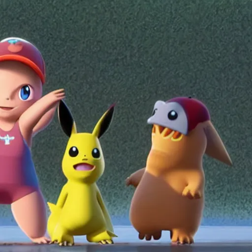 Image similar to Misty, Ash and Brock, film still from the 3d Pixar Pokémon movie