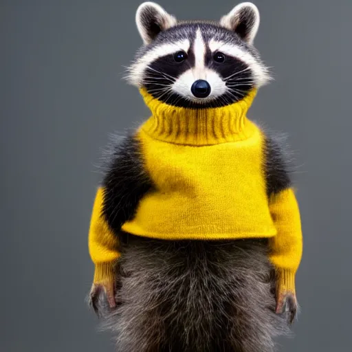 Prompt: happy racoon wearing a yellow turtleneck, studio, portrait, facing camera, studio, dark bg