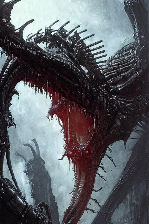 Image similar to portrait of xenomorph by hr giger, greg rutkowski, luis royo and wayne barlowe as a diablo, resident evil, dark souls, bloodborne monster