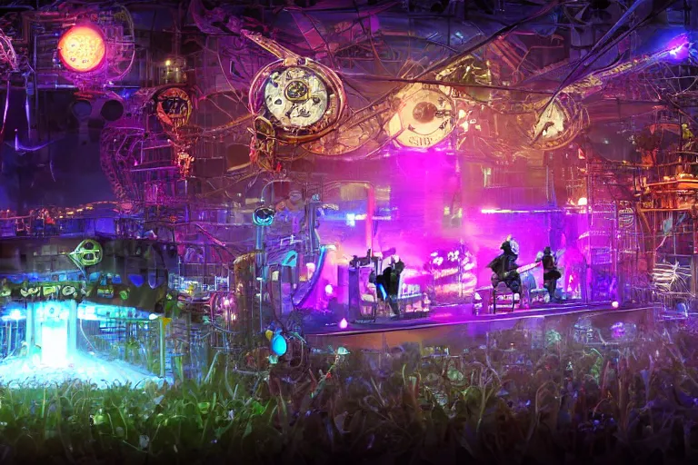 Image similar to an outdoor festival stage with audience, on stage is a rockband with 3 steampunk robots with guitars and drums, center of the stage is a big futuristic steampunk generator with gears and belts and tubes, laser show, 8 k, fluorescent colors, halluzinogenic, multicolored, exaggerated detailed, unreal engine