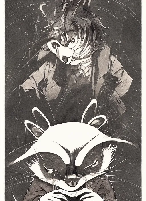 Image similar to a dramatic illustration portrait of an anthropomorphic raccoon mob boss, by posuka demizu, by stephen gammell, by victo ngai, by george ault, in the style of animal crossing, artstation