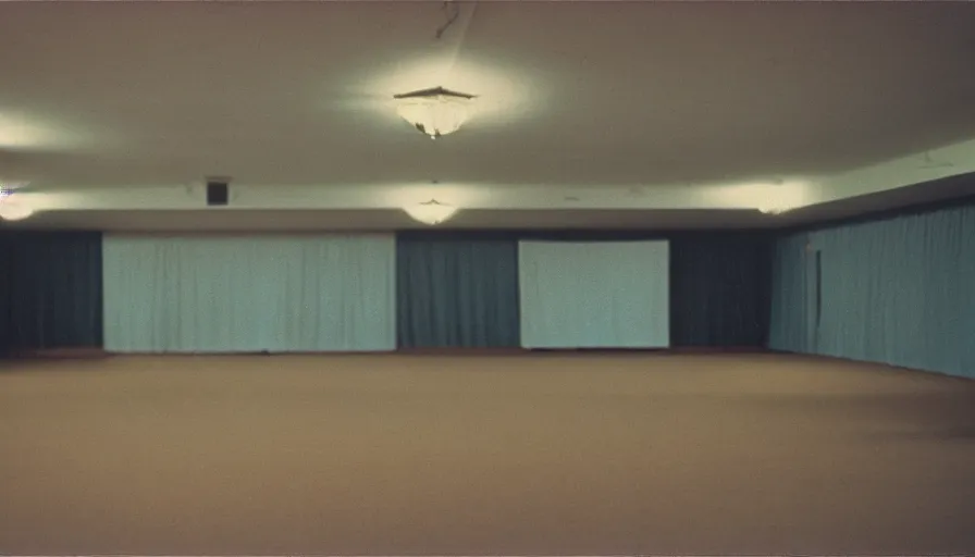Prompt: 70s movie still of liminal space empty ballroom , cinestill 800t Technicolor, heavy grain, high quality, criterion collection