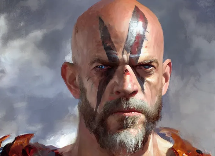 Image similar to a highly detailed beautiful portrait of j. k. simmons as kratos, by gregory manchess, james gurney, james jean