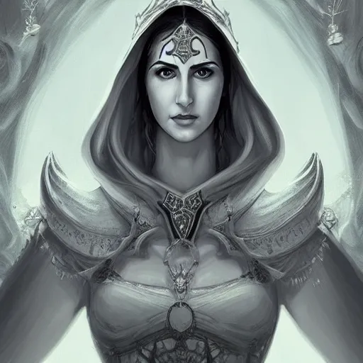 Prompt: head-on centered symmetrical painted portrait, Katrina Kaif as a D&D Sorcerer, hood, intricate white and grey fantasy robes, fantasy, intricate, elegant, highly detailed, digital painting, smooth, sharp focus, illustration, dramatic lighting, artstation, in the style of Artgerm and Anna Podedworna and Alex Ross