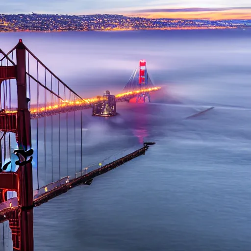 Image similar to a photo of a airplane flying under golden gate bridge at dusk