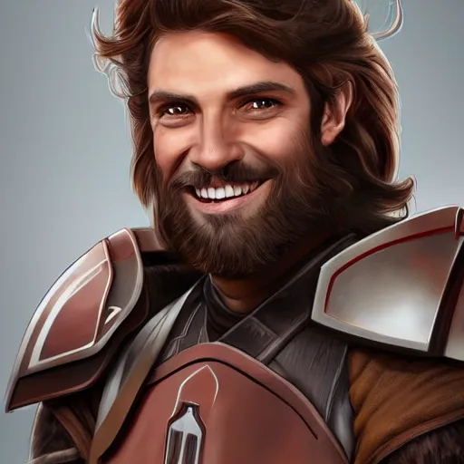 Image similar to Portrait of a man with brown hair and beard smiling in Mandalorian armor, digital art, realistic, artstation, detailed