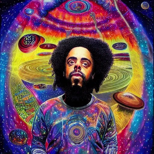 Image similar to a high hyper detailed painting with many complex textures of damian marley making music in the cosmos, cosmic surreal psychedelic magic realism spiritual ufo art