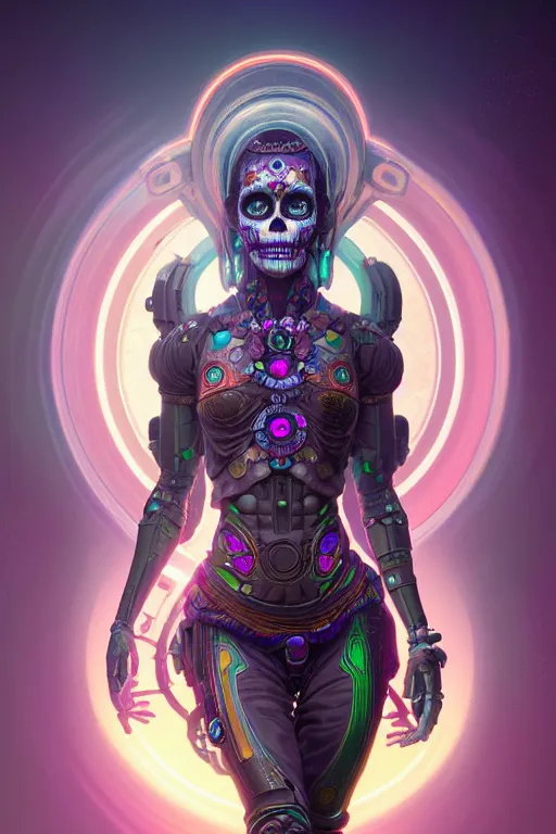 Image similar to ultra detailed female android deity, scifi, fantasy, octane render, dia de los muertos, asymmetrical intricate concept art, triadic color, art by artgerm and greg rutkowski and alphonse mucha, 8 k