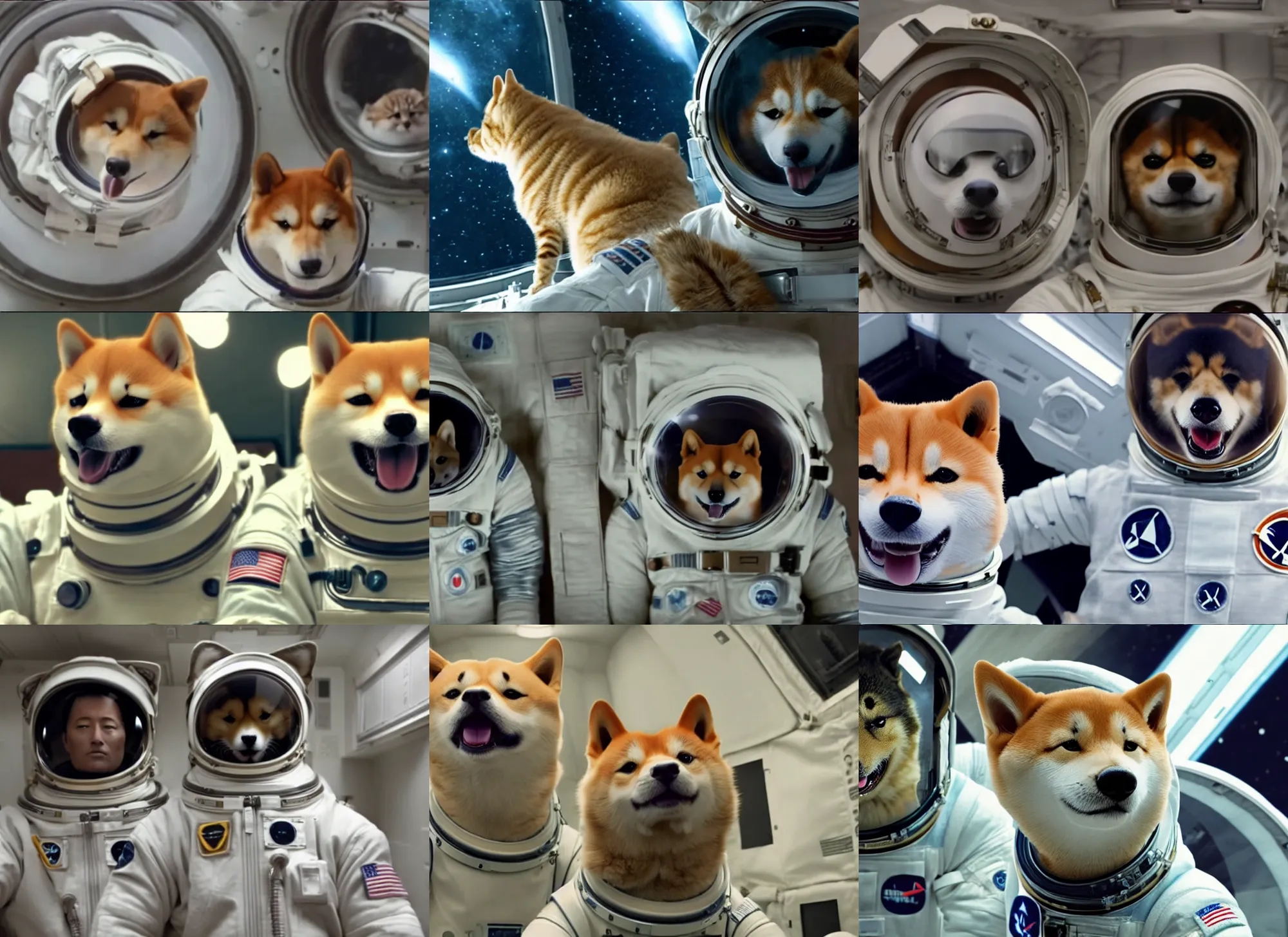 Prompt: film still of anthropomorphics anthropomorphics shiba and cat as astronauts in interstellar, 4 k