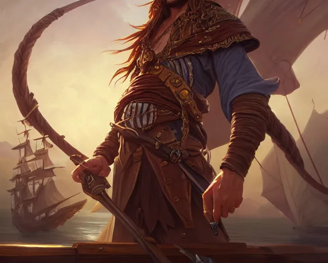 Prompt: male pirate at the helm, deep focus, d & d, fantasy, intricate, elegant, highly detailed, digital painting, artstation, concept art, matte, sharp focus, illustration, hearthstone, art by artgerm and greg rutkowski and alphonse mucha