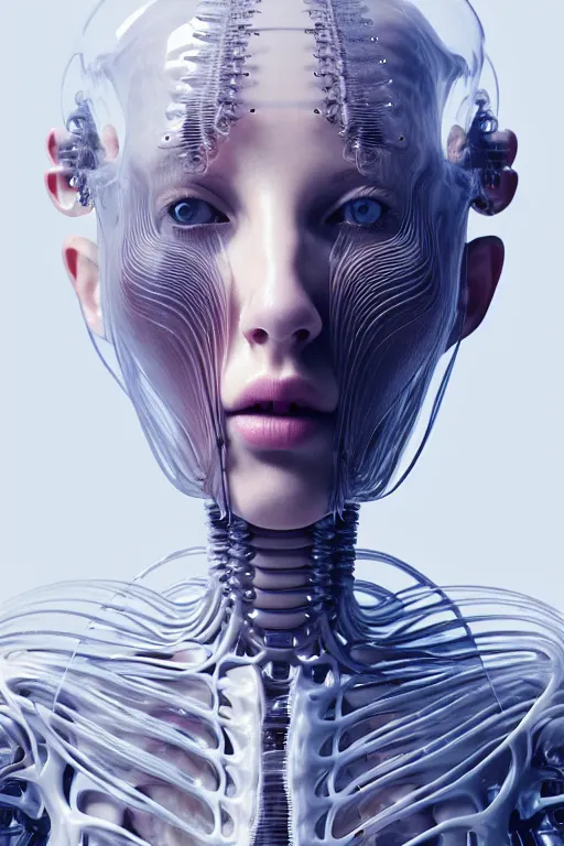 Image similar to iris van herpen, young woman beautiful face, perfect symmetrical body, full body shot, inflateble shapes, wires, tubes, veins, jellyfish, white biomechanical details, wearing epic bionic cyborg implants, masterpiece, intricate, biopunk, vogue, highly detailed, artstation, concept art, cyberpunk, octane render