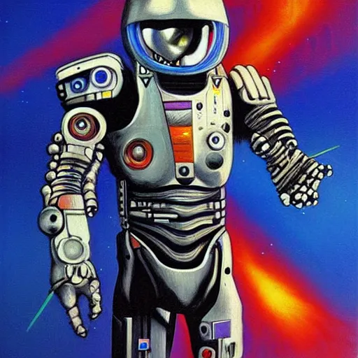 Prompt: futurist cyborg knight, perfect future, award winning art by alan bean, sharp color palette