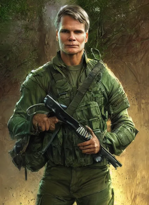 Prompt: portrait of a young richard dean anderson wearing a green combat uniform, in a post appocalyptic city overgrown by plants, by stanley artgerm lau, by wlop, by luis royo, by greg rutkowski, cover illustration, concept art, volumetric lighting, volumetric atmosphere, sharp focus, octane render, trending on artstation, 8 k