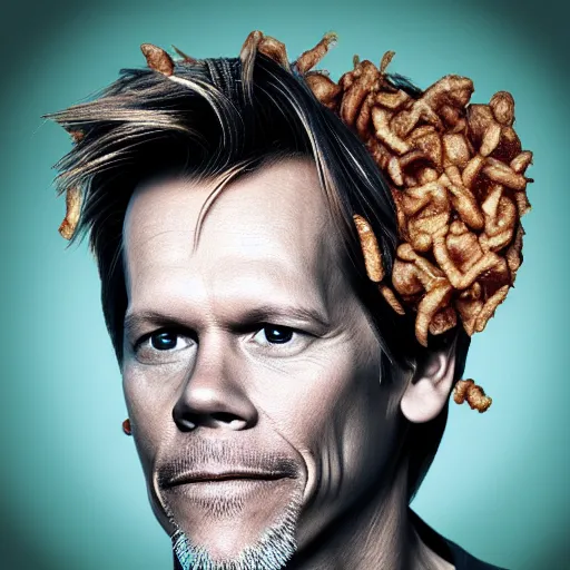 Prompt: a photo of kevin bacon, his hair made of bacon and scrambled eggs on a plate, rendered in octane by arcimboldo