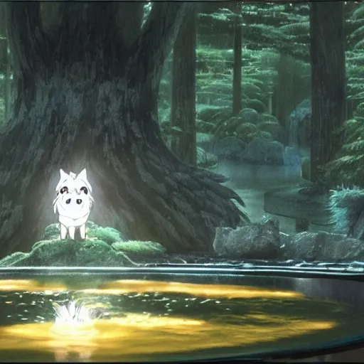 Image similar to a spirit wolf forest drinking water from an illuminated pool, hayao miyazaki, masashi ando, nizou yamamoto, kazuo oga, joe hisaishi, yoji takeshige, naoya tanaka