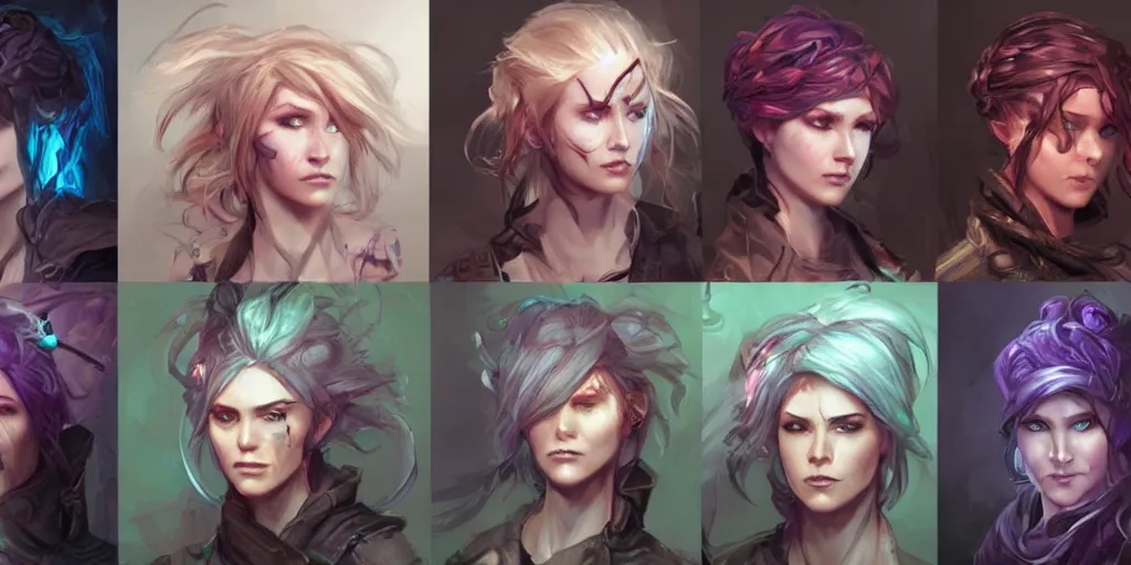 Image similar to concept art of rugged irish female netrunner d & d video game characters head designs, unique hair designs, by marc brunet and artgerm