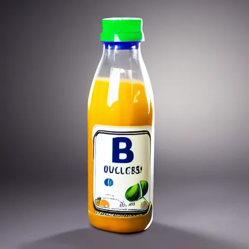 Prompt: A bottle of juice with the letter B printed on it, product photo, studio lighting