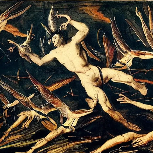 Prompt: by john james audubon, by jackson pollock flowing. a body art of a winged creature, flying high above a group of people in a dark, wooded area. the creature's wings are spread wide & its head is turned upwards, looking towards the sky. people below looking up at creature awe & fear.