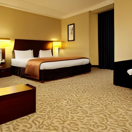 Prompt: hotel floor that's impossible to get to, beige walls, beige lighting, fancy details, windows, night time, window to night time city, 2 4 0 p photograph