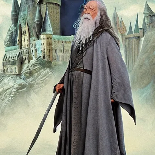 Image similar to Gandalf as Defense against the Dark Arts teacher in Hogwarts