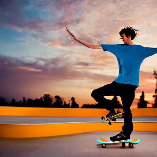 Image similar to professional photo of a skateboarder performing a grab trick, focused on brightly colored deck, 8 k, bright ambient lighting key light, 8 5 mm f 1. 8