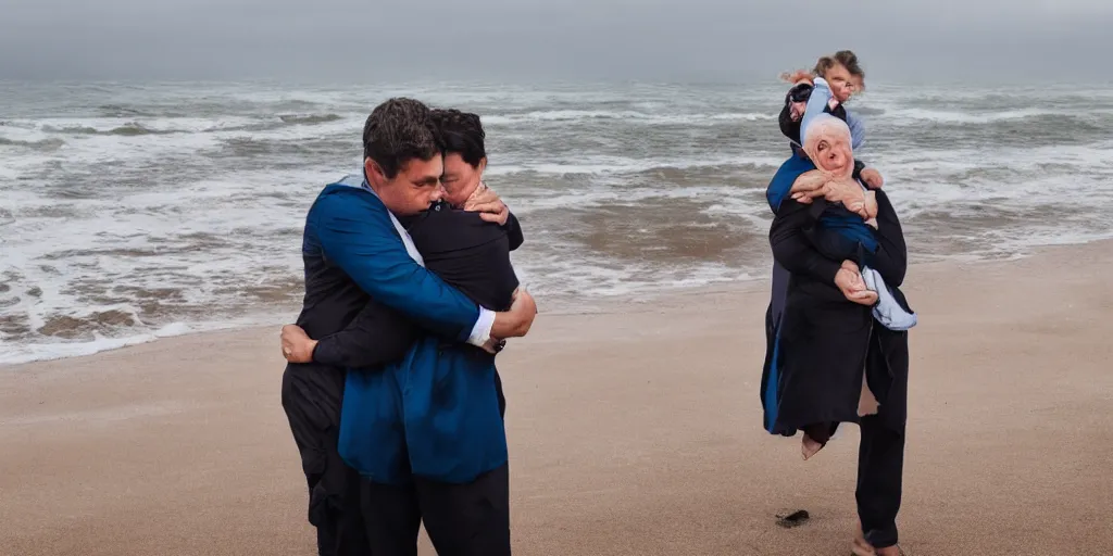 Image similar to strong man in a shirt and a tie sitting on windy cold beach, holds his mother on his arms