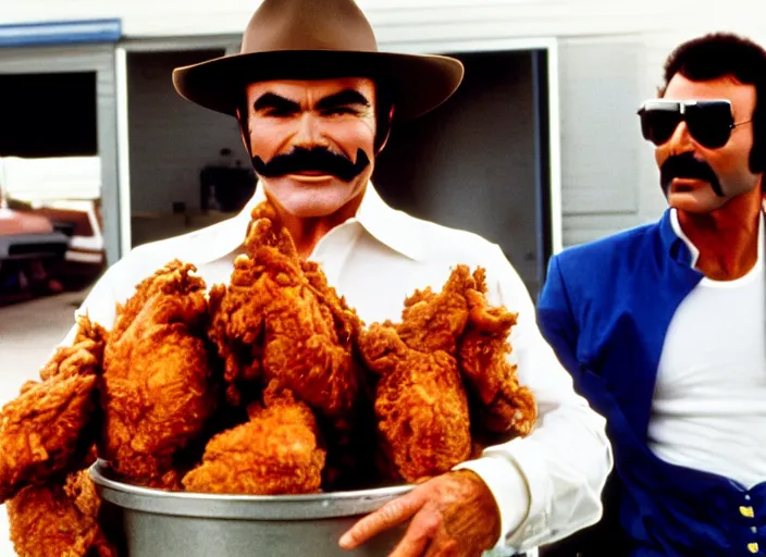 Image similar to film still of burt reynolds holding a bucket of fried chicken in cannonball run 1 9 8 2